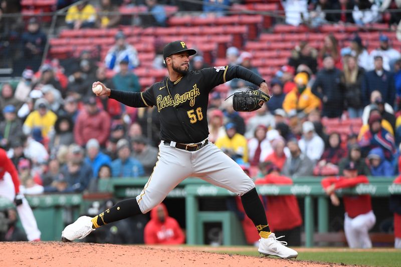 Apr 5, 2023; Boston, Massachusetts, USA; Pittsburgh Pirates relief pitcher Duane Underwood Jr. (56) pitches against the Boston Red Sox in the ninth inning at Fenway Park. Mandatory Credit: Eric Canha-USA TODAY Sports