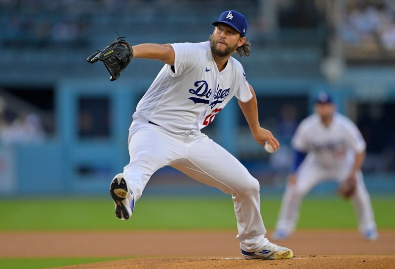 Aug 16, 2023; Los Angeles, California, USA;  Los Angeles Dodgers starting pitcher Clayton Kershaw (22) throws to the plate in the first inning against the Milwaukee Brewers at Dodger Stadium. Mandatory Credit: Jayne Kamin-Oncea-USA TODAY Sports