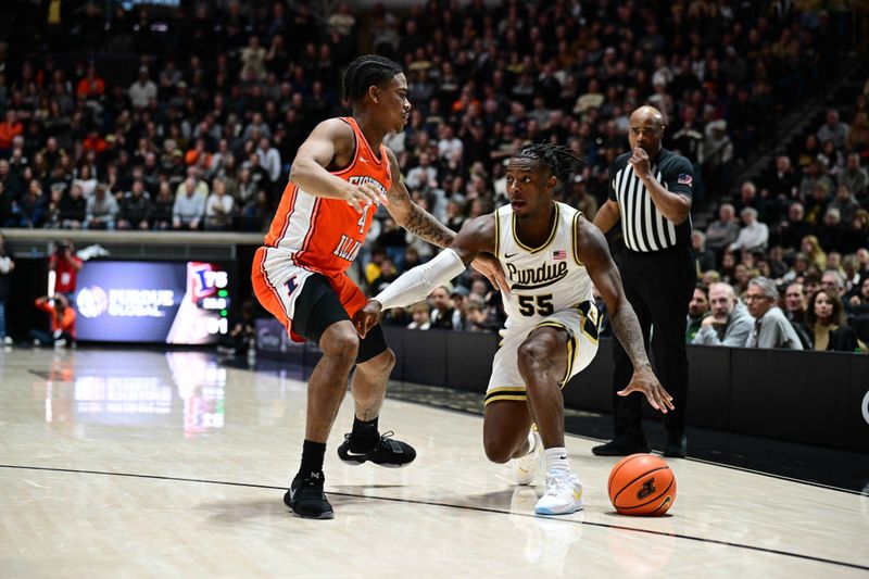 Jan 5, 2024; West Lafayette, Indiana, USA; Purdue Boilermakers guard Lance Jones (55) drives the ball around Illinois Fighting Illini guard Justin Harmon (4) during the second half at Mackey Arena. Mandatory Credit: Marc Lebryk-USA TODAY Sports