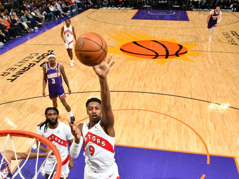 PHOENIX, AZ - MARCH 7: RJ Barrett #9 of the Toronto Raptors shoots the ball during the game against the Phoenix Suns on March 7, 2024 at Footprint Center in Phoenix, Arizona. NOTE TO USER: User expressly acknowledges and agrees that, by downloading and or using this photograph, user is consenting to the terms and conditions of the Getty Images License Agreement. Mandatory Copyright Notice: Copyright 2024 NBAE (Photo by Barry Gossage/NBAE via Getty Images)