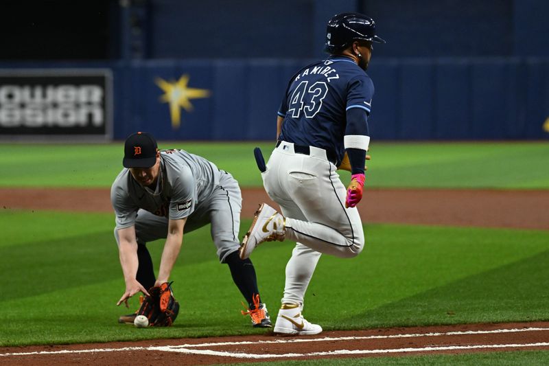 Apr 23, 2024; St. Petersburg, Florida, USA; Detroit Tigers starting pitcher Kenta Maeda (18) fields a ground ball as Tampa Bay Rays designated hitter Harold Ramirez (43) runs past him in the second inning at Tropicana Field. Mandatory Credit: Jonathan Dyer-USA TODAY Sports