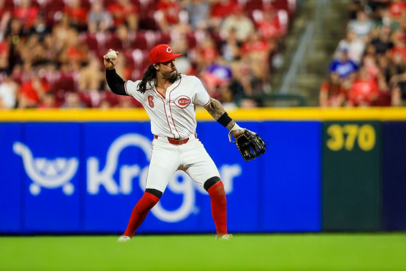 Jun 24, 2024; Cincinnati, Ohio, USA; Cincinnati Reds second baseman Jonathan India (6) throws to first to get Pittsburgh Pirates designated hitter Andrew McCutchen (not pictured) out in the ninth inning at Great American Ball Park. Mandatory Credit: Katie Stratman-USA TODAY Sports