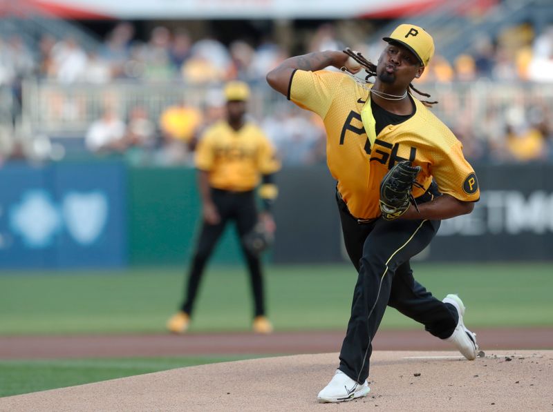 Sep 16, 2023; Pittsburgh, Pennsylvania, USA; Pittsburgh Pirates starting pitcher Luis Ortiz (48) delivers a pitch against the New York Yankees during the first inning at PNC Park. Mandatory Credit: Charles LeClaire-USA TODAY Sports