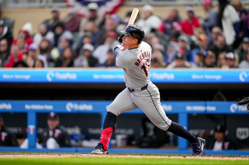 Apr 4, 2024; Minneapolis, Minnesota, USA; Cleveland Guardians designated hitter Will Brennan (17) hits a single during the sixth inning against the Minnesota Twins at Target Field. Mandatory Credit: Jordan Johnson-USA TODAY Sports