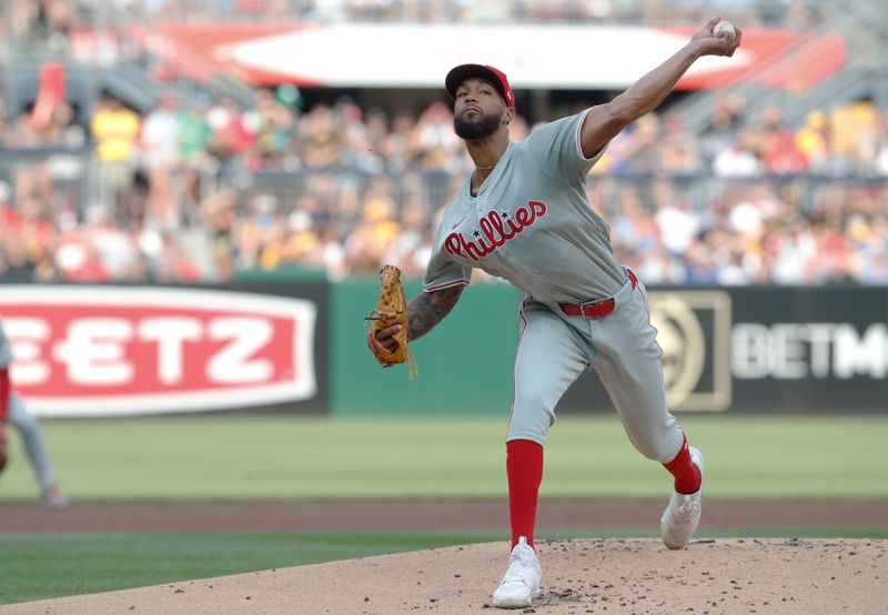 Jul 20, 2024; Pittsburgh, Pennsylvania, USA; Philadelphia Phillies starting pitcher Cristopher Sanchez (61) delivers against the Pittsburgh Pirates during the first inning at PNC Park. Mandatory Credit: Charles LeClaire-USA TODAY Sports