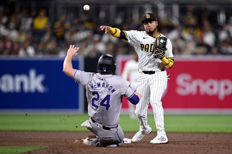 May 13, 2024; San Diego, California, USA; San Diego Padres second baseman Luis Arraez (4) throws to first base after forcing out Colorado Rockies third baseman Ryan McMahon (24) at second base to complete a double play during the sixth inning at Petco Park. Mandatory Credit: Orlando Ramirez-USA TODAY Sports