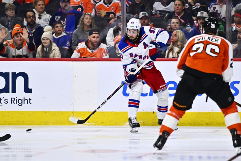 Feb 24, 2024; Philadelphia, Pennsylvania, USA; New York Rangers center Mika Zibanejad (93) passes the puck against the Philadelphia Flyers in the second period at Wells Fargo Center. Mandatory Credit: Kyle Ross-USA TODAY Sports