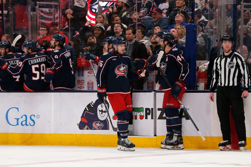 Dec 29, 2023; Columbus, Ohio, USA; Columbus Blue Jackets center Brendan Gaunce (16) celebrates his goal against the Toronto Maple Leafs during the second period at Nationwide Arena. Mandatory Credit: Russell LaBounty-USA TODAY Sports