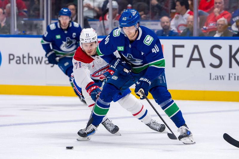 Mar 21, 2024; Vancouver, British Columbia, CAN; Montreal Canadiens forward Jake Evans (71) stick checks Vancouver Canucks forward Elias Pettersson (40) in the first period at Rogers Arena. Mandatory Credit: Bob Frid-USA TODAY Sports