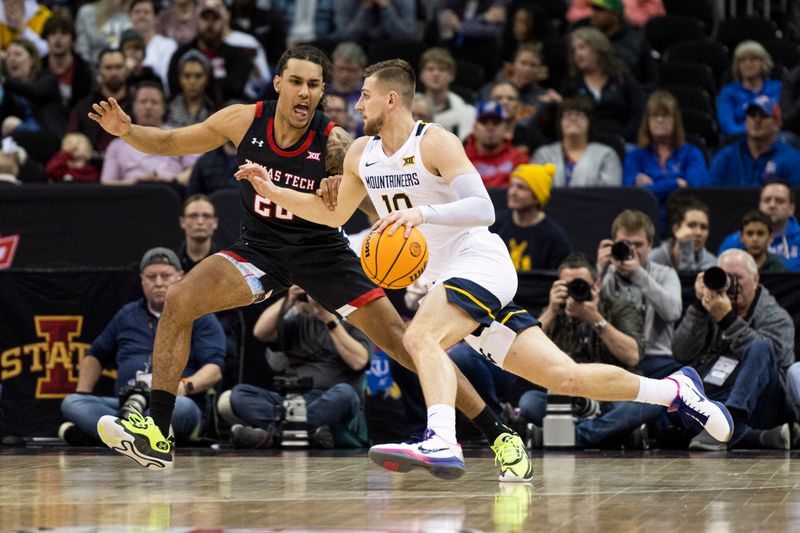 Mar 8, 2023; Kansas City, MO, USA; West Virginia Mountaineers guard Erik Stevenson (10) handles the ball while guarded by Texas Tech Red Raiders guard Jaylon Tyson (20) in the first half at T-Mobile Center. Mandatory Credit: Amy Kontras-USA TODAY Sports