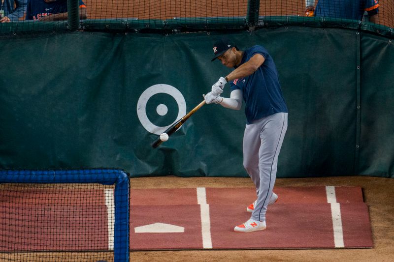 Oct 19, 2023; Arlington, Texas, USA; Houston Astros shortstop Jeremy Pena (3) takes batting practice before the game against the Texas Rangers in game four of the ALCS for the 2023 MLB playoffs at Globe Life Field. Mandatory Credit: Jerome Miron-USA TODAY Sports