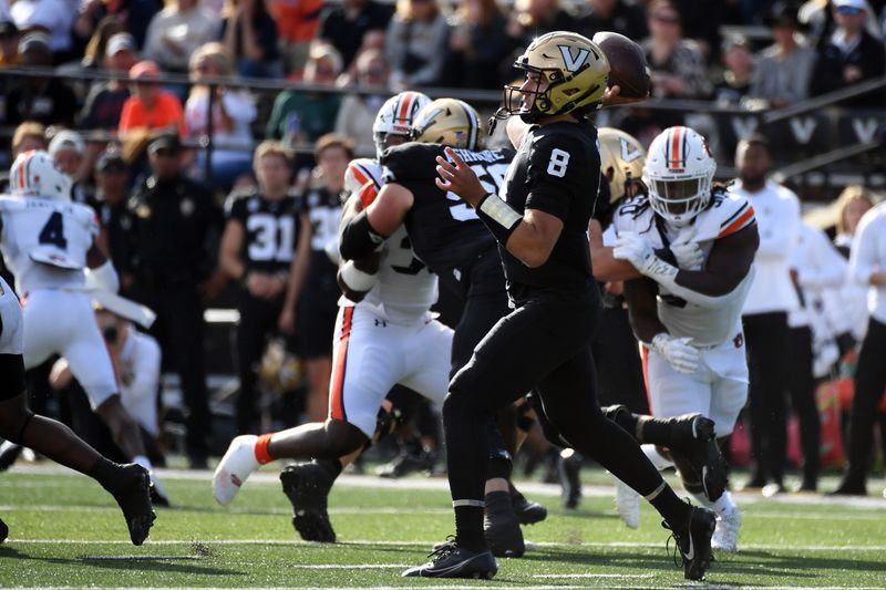 Nov 4, 2023; Nashville, Tennessee, USA; Vanderbilt Commodores quarterback Ken Seals (8) attempts a pass during the first half against the Auburn Tigers at FirstBank Stadium. Mandatory Credit: Christopher Hanewinckel-USA TODAY Sports