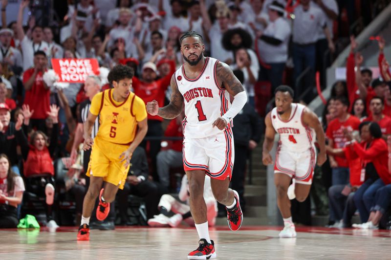 Feb 19, 2024; Houston, Texas, USA; Houston Cougars guard Jamal Shead (1) reacts after a play during the first half against the Iowa State Cyclones at Fertitta Center. Mandatory Credit: Troy Taormina-USA TODAY Sports