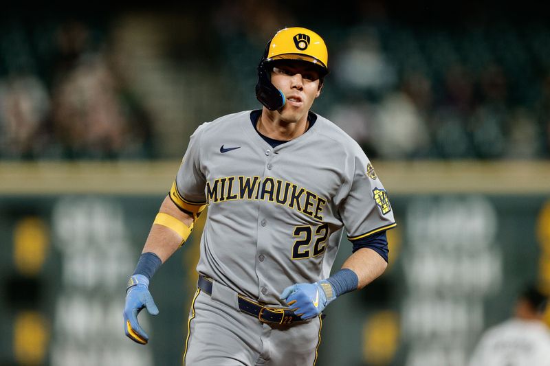 Apr 9, 2025; Denver, Colorado, USA; Milwaukee Brewers designated hitter Christian Yelich (22) rounds the bases on a two run home run in the ninth inning against the Colorado Rockies at Coors Field. Mandatory Credit: Isaiah J. Downing-Imagn Images