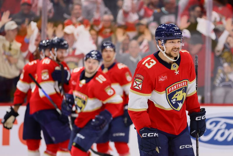 May 14, 2024; Sunrise, Florida, USA; Florida Panthers center Sam Reinhart (13) looks on after scoring against the Boston Bruins during the second period in game five of the second round of the 2024 Stanley Cup Playoffs at Amerant Bank Arena. Mandatory Credit: Sam Navarro-USA TODAY Sports