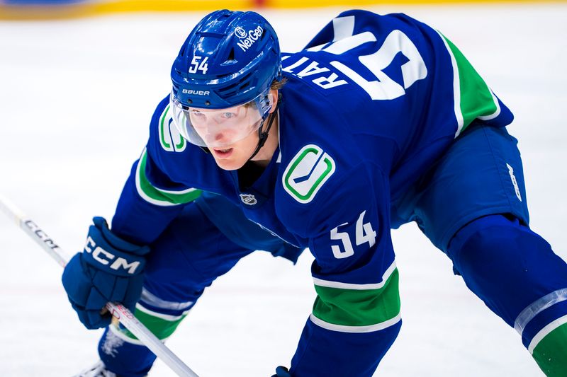 Oct 4, 2024; Vancouver, British Columbia, CAN;  Vancouver Canucks forward Aatu Raty (54) prepares for a face-off against the Edmonton Oilers during the third period at Rogers Arena. Mandatory Credit: Bob Frid-Imagn Images