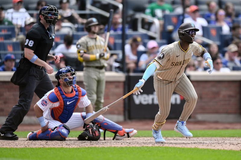 Jun 16, 2024; New York City, New York, USA; San Diego Padres outfielder Jurickson Profar (10) hits a single against the New York Mets during the eighth inning at Citi Field. Mandatory Credit: John Jones-USA TODAY Sports