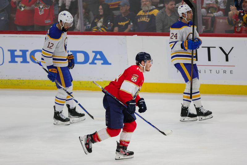 Feb 27, 2024; Sunrise, Florida, USA; Florida Panthers left wing Matthew Tkachuk (19) looks on after scoring against the Buffalo Sabres during the first period at Amerant Bank Arena. Mandatory Credit: Sam Navarro-USA TODAY Sports