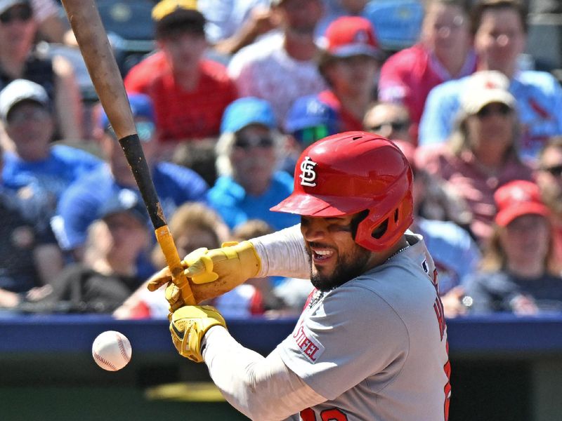 May 18, 2025; Kansas City, Missouri, USA;  St. Louis Cardinals designated hitter Ivan Herrera (48) reacts after getting hit by a pitch in the eighth inning against the Kansas City Royals at Kauffman Stadium. Mandatory Credit: Peter Aiken-Imagn Images