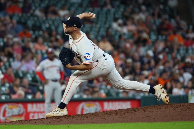 Jul 30, 2025; Houston, Texas, USA;  Houston Astros relief pitcher Luis Contreras (73) pitches against the Washington Nationals in the ninth inning at Daikin Park. Mandatory Credit: Thomas Shea-Imagn Images