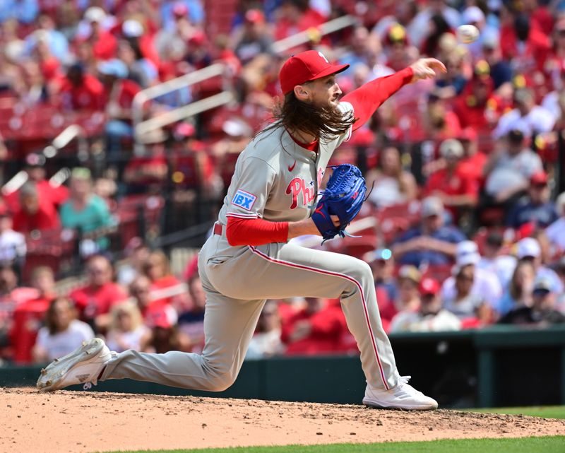 Apr 13, 2025; St. Louis, Missouri, USA; Philadelphia Phillies pitcher Matt Strahm (25) pitches in relief in the seventh inning against the St. Louis Cardinals at Busch Stadium. Mandatory Credit: Tim Vizer-Imagn Images