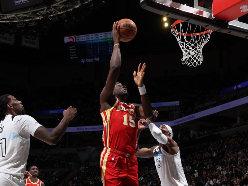 MINNEAPOLIS, MN -  JANUARY 27:  Clint Capela #15 of the Atlanta Hawks shoots the ball during the game against the Minnesota Timberwolves on January 27, 2025 at Target Center in Minneapolis, Minnesota. NOTE TO USER: User expressly acknowledges and agrees that, by downloading and or using this Photograph, user is consenting to the terms and conditions of the Getty Images License Agreement. Mandatory Copyright Notice: Copyright 2025 NBAE (Photo by David Sherman/NBAE via Getty Images)