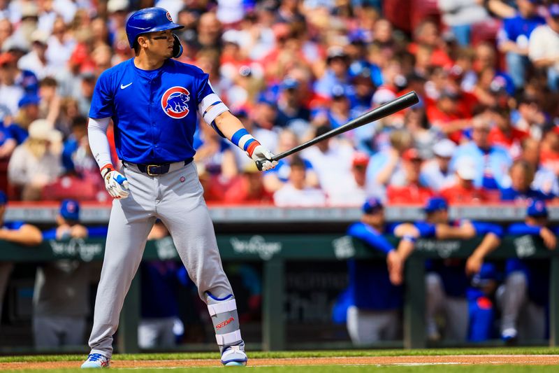 May 24, 2025; Cincinnati, Ohio, USA; Chicago Cubs designated hitter Seiya Suzuki (27) at bat in the first inning against the Cincinnati Reds at Great American Ball Park. Mandatory Credit: Katie Stratman-Imagn Images