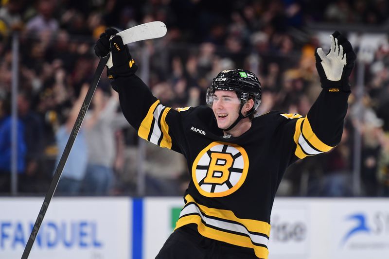 Mar 10, 2026; Boston, Massachusetts, USA; Boston Bruins center Fraser Minten (93) reacts after defeating the Los Angeles Kings in overtime at TD Garden. Mandatory Credit: Bob DeChiara-Imagn Images