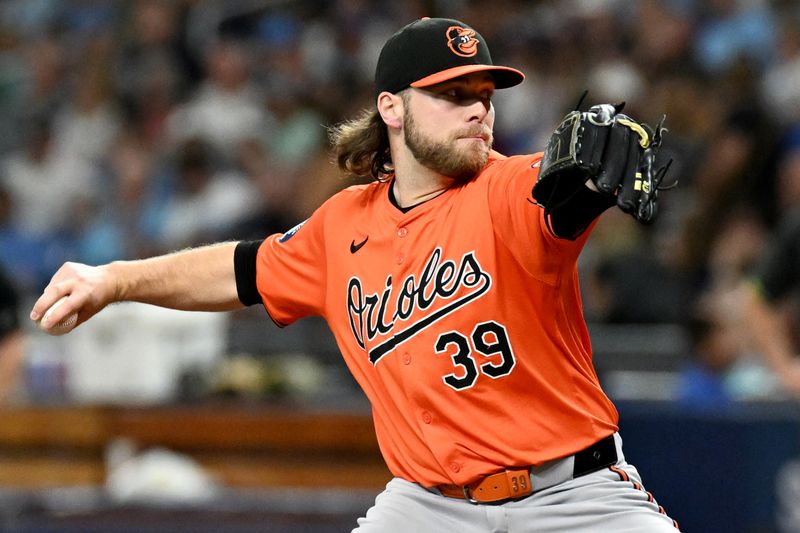 Aug 10, 2024; St. Petersburg, Florida, USA; Baltimore Orioles starting pitcher Corbin Burnes (39) throws a pitch in the first inning against the Tampa Bay Rays at Tropicana Field. Mandatory Credit: Jonathan Dyer-USA TODAY Sports