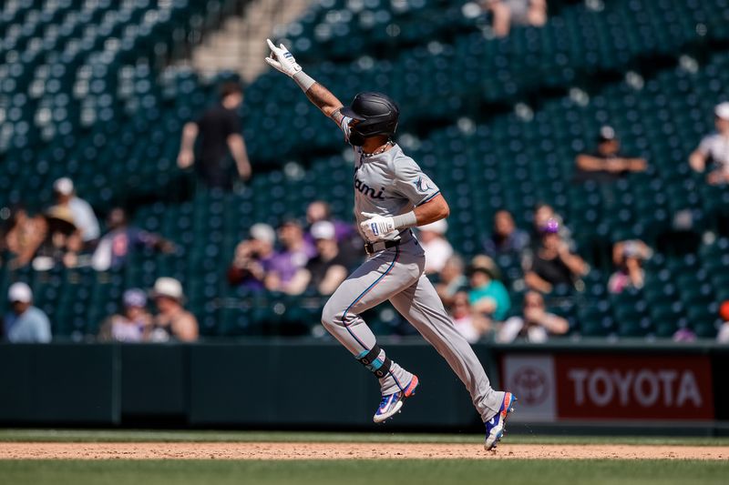 Aug 29, 2024; Denver, Colorado, USA; Miami Marlins center fielder Derek Hill (58) rounds the bases on a two run home run in the sixth inning against the Colorado Rockies at Coors Field. Mandatory Credit: Isaiah J. Downing-USA TODAY Sports