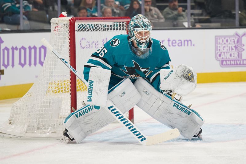 Nov 16, 2023; San Jose, California, USA; San Jose Sharks goaltender Kaapo Kahkonen (36) tends goal against the St. Louis Blues during the first period at SAP Center at San Jose. Mandatory Credit: Robert Edwards-USA TODAY Sports