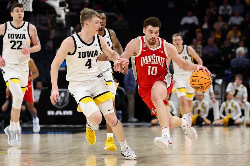 Mar 14, 2024; Minneapolis, MN, USA; Ohio State Buckeyes forward Jamison Battle (10) works up court as Iowa Hawkeyes guard Josh Dix (4) defends during the second half at Target Center. Mandatory Credit: Matt Krohn-USA TODAY Sports