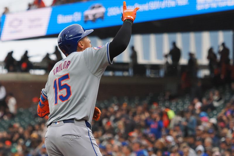 Apr 24, 2024; San Francisco, California, USA; New York Mets right fielder Tyrone Tyler (15) celebrates as he crosses home plate after hitting a solo home run against the San Francisco Giants during the fourth inning at Oracle Park. Mandatory Credit: Kelley L Cox-USA TODAY Sports