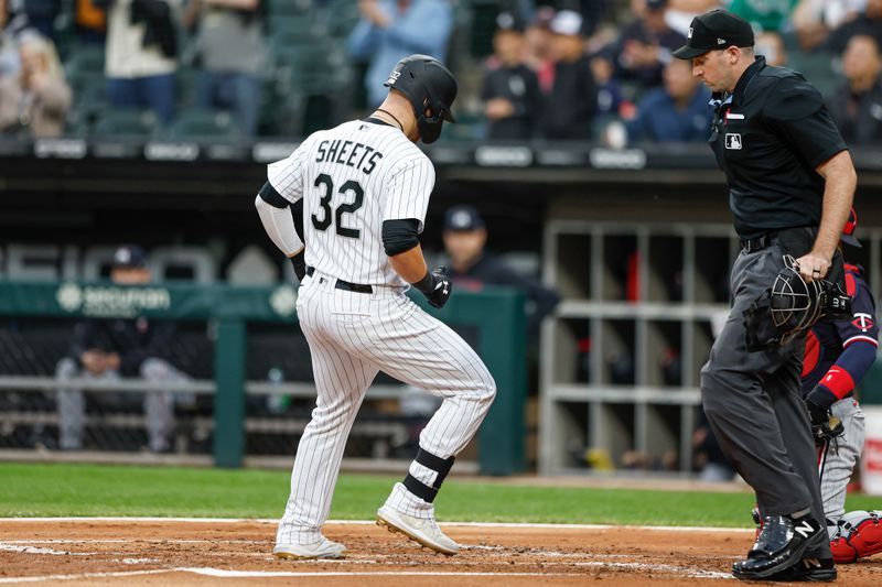 Sep 16, 2023; Chicago, Illinois, USA; Chicago White Sox right fielder Gavin Sheets (32) crosses home plate after hitting a three-run home run against the Minnesota Twins during the first inning at Guaranteed Rate Field. Mandatory Credit: Kamil Krzaczynski-USA TODAY Sports