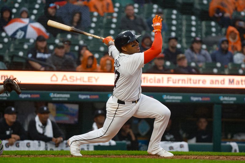 Sep 28, 2024; Detroit, Michigan, USA; Detroit Tigers second baseman Andy Ibanez (77) bats against the Chicago White Sox during the ninth inning at Comerica Park. Mandatory Credit: Brian Bradshaw Sevald-Imagn Images