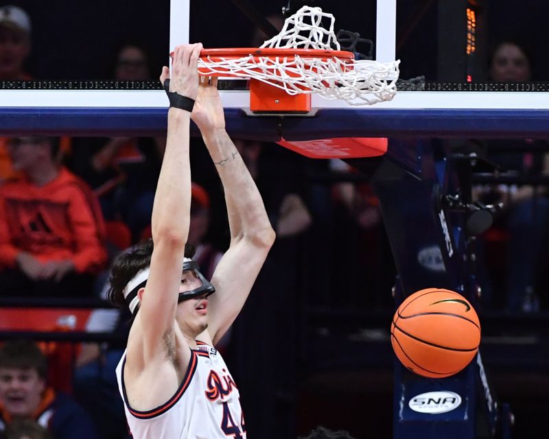 Jan 8, 2026; Champaign, Illinois, USA;  Illinois Fighting Illini forward Zvonimir Ivisic (44) dunks the ball during the second half against the Rutgers Scarlet Knights at State Farm Center. Mandatory Credit: Ron Johnson-Imagn Images