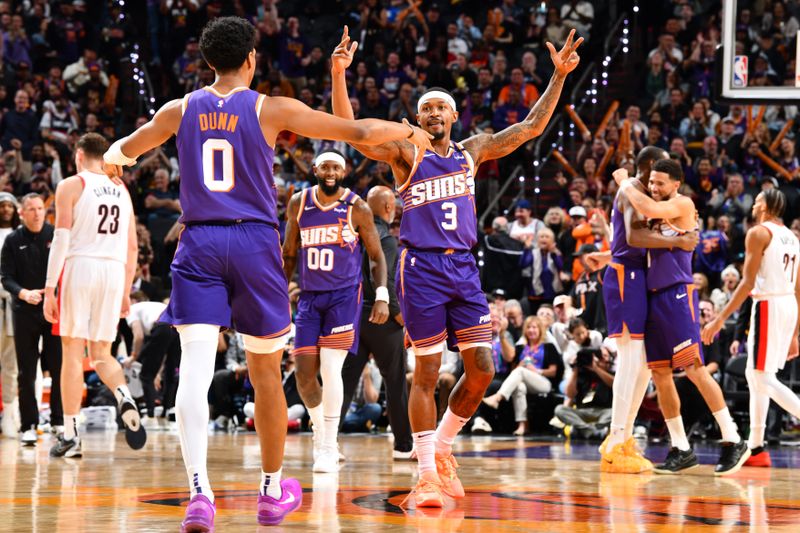 PHOENIX, AZ - NOVEMBER 2: Bradley Beal #3 of the Phoenix Suns celebrates during the game against the Portland Trail Blazers on November 2, 2024 at Footprint Center in Phoenix, Arizona. NOTE TO USER: User expressly acknowledges and agrees that, by downloading and or using this photograph, user is consenting to the terms and conditions of the Getty Images License Agreement. Mandatory Copyright Notice: Copyright 2024 NBAE (Photo by Barry Gossage/NBAE via Getty Images)