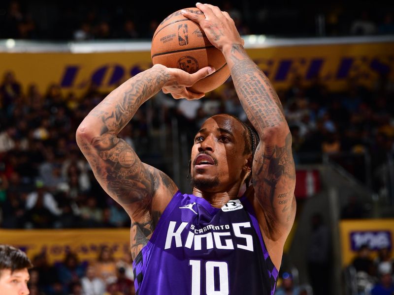 LOS ANGELES, CA - OCTOBER 26: DeMar DeRozan #10 of the Sacramento Kings shoots a free throw during the game against the Los Angeles Lakers on October 26, 2024 at Crypto.Com Arena in Los Angeles, California. NOTE TO USER: User expressly acknowledges and agrees that, by downloading and/or using this Photograph, user is consenting to the terms and conditions of the Getty Images License Agreement. Mandatory Copyright Notice: Copyright 2024 NBAE (Photo by Adam Pantozzi/NBAE via Getty Images)