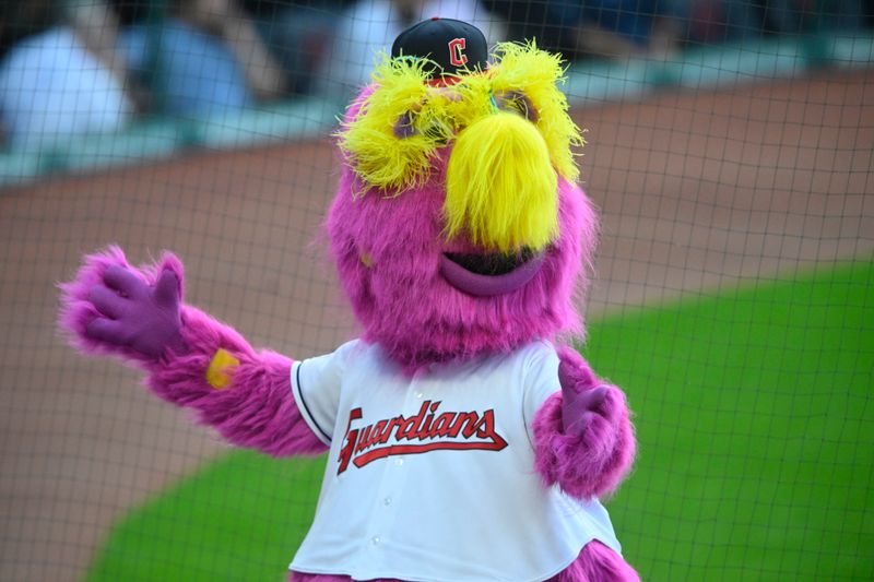 Aug 14, 2024; Cleveland, Ohio, USA; Cleveland Guardians mascots Slider performs between innings of a game between the Cleveland Guardians and the Chicago Cubs at Progressive Field. Mandatory Credit: David Richard-USA TODAY Sports