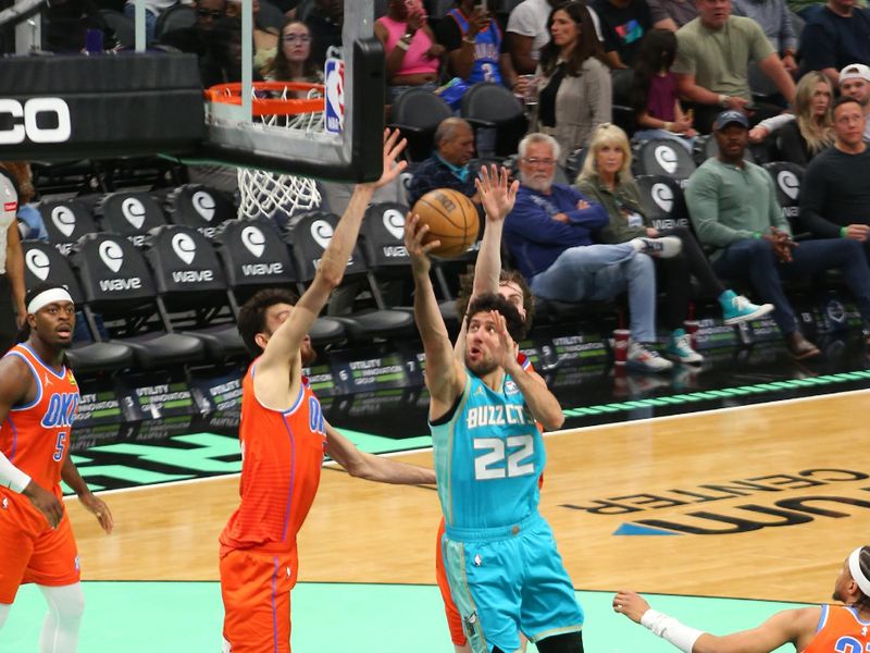 CHARLOTTE, NC - APRIL 7: Vasilije Micic #22 of the Charlotte Hornets  drives to the basket during the game against the Oklahoma City Thunder on April 7, 2024 at Spectrum Center in Charlotte, North Carolina. NOTE TO USER: User expressly acknowledges and agrees that, by downloading and or using this photograph, User is consenting to the terms and conditions of the Getty Images License Agreement. Mandatory Copyright Notice: Copyright 2024 NBAE (Photo by Kent Smith/NBAE via Getty Images)