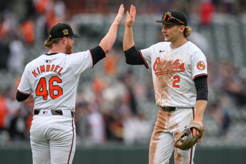 May 19, 2024; Baltimore, Maryland, USA; Baltimore Orioles shortstop Gunnar Henderson (2) and pitcher Craig Kimbrel (46) celebrate after the game against the Seattle Mariners at Oriole Park at Camden Yards. Mandatory Credit: Reggie Hildred-USA TODAY Sports