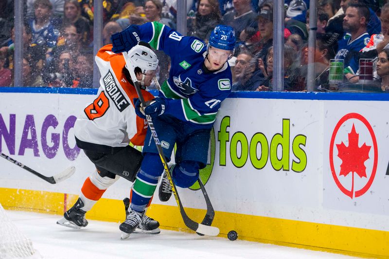 Oct 11, 2024; Vancouver, British Columbia, CAN; Vancouver Canucks forward Danton Heinen (20) checks Philadelphia Flyers defenseman Jamie Drysdale (9) during the third period at Rogers Arena. Mandatory Credit: Bob Frid-Imagn Images