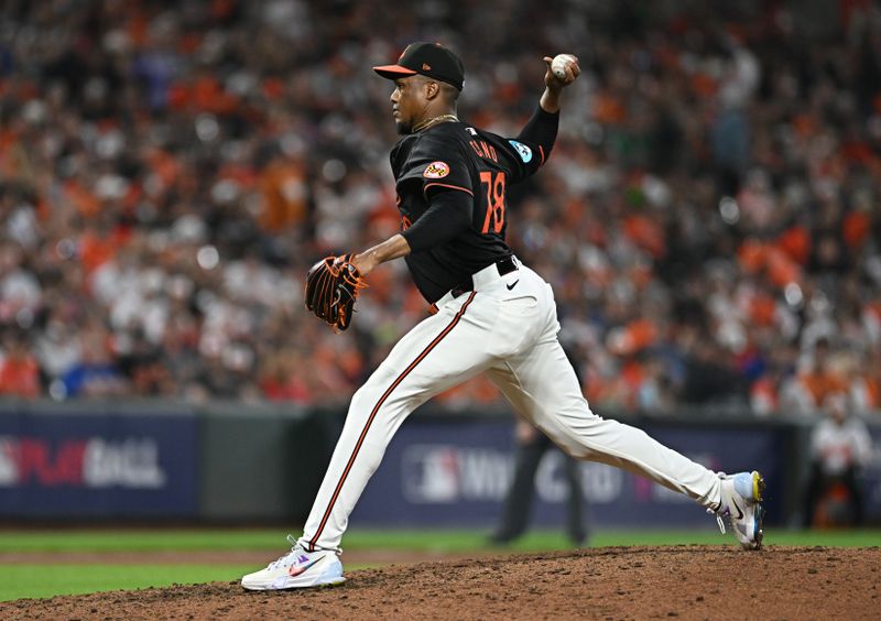 Oct 2, 2024; Baltimore, Maryland, USA; Baltimore Orioles pitcher Yennier Cano (78) throws a pitch against the Kansas City Royals in game two of the Wild Card round for the 2024 MLB Playoffs at Oriole Park at Camden Yards. Mandatory Credit: Tommy Gilligan-Imagn Images