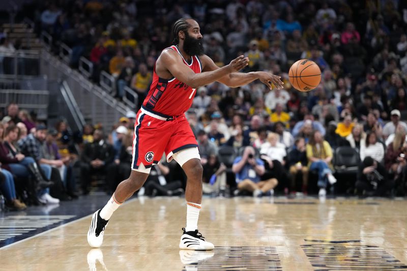 INDIANAPOLIS, INDIANA - FEBRUARY 23: James Harden #1 of the Los Angeles Clippers passes the ball in the third quarter against the Indiana Pacers at Gainbridge Fieldhouse on February 23, 2025 in Indianapolis, Indiana. NOTE TO USER: User expressly acknowledges and agrees that, by downloading and or using this photograph, User is consenting to the terms and conditions of the Getty Images License Agreement. (Photo by Dylan Buell/Getty Images)