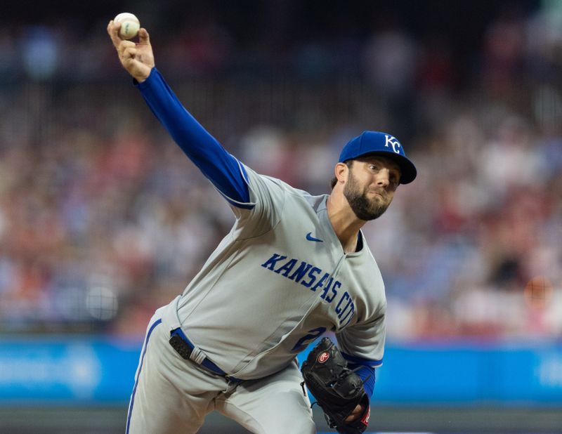 Aug 4, 2023; Philadelphia, Pennsylvania, USA; Kansas City Royals starting pitcher Jordan Lyles (24) throws a pitch during the third inning against the Philadelphia Phillies at Citizens Bank Park. Mandatory Credit: Bill Streicher-USA TODAY Sports