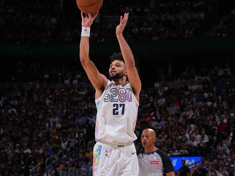 DENVER, CO - MAY 15:  Jamal Murray #27 of the Denver Nuggets shoots a three point basket during the game against the Oklahoma City Thunder  during Round 2 Game 6 of the 2025 NBA Playoffs  on May 15, 2025 at Ball Arena in Denver, Colorado. NOTE TO USER: User expressly acknowledges and agrees that, by downloading and/or using this Photograph, user is consenting to the terms and conditions of the Getty Images License Agreement. Mandatory Copyright Notice: Copyright 2025 NBAE (Photo by Garrett Ellwood/NBAE via Getty Images)