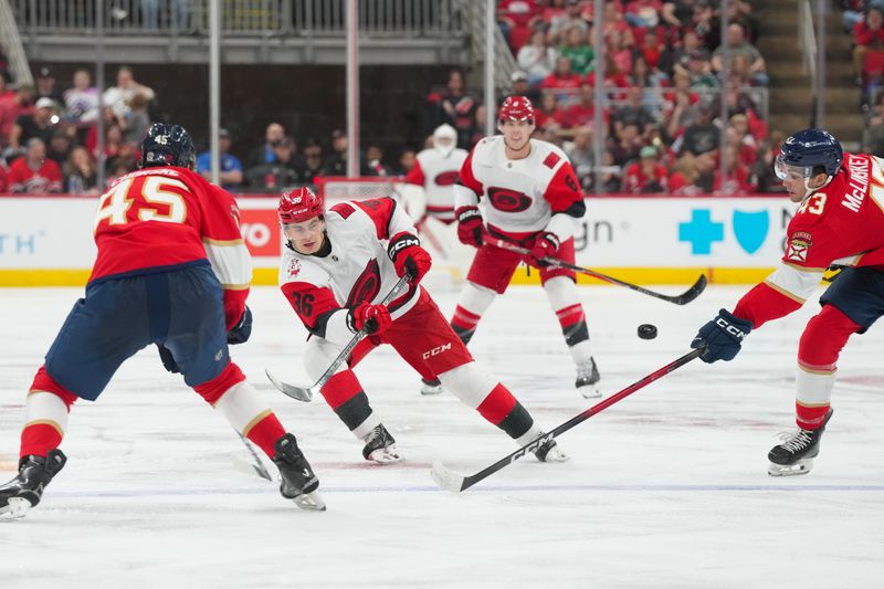 Sep 24, 2025; Raleigh, North Carolina, USA;  Carolina Hurricanes right wing Felix Unger Sorum (36) takes a shot against the Florida Panthers during the third period at Lenovo Center. Mandatory Credit: James Guillory-Imagn Images
