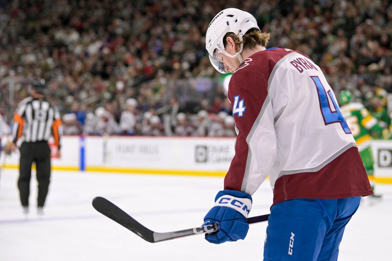 Nov 24, 2023; Saint Paul, Minnesota, USA; Colorado Avalanche defenseman Bowen Byram (4) reacts after getting a penalty for delay of game against the Minnesota Wild during the second period at Xcel Energy Center. Mandatory Credit: Nick Wosika-USA TODAY Sports