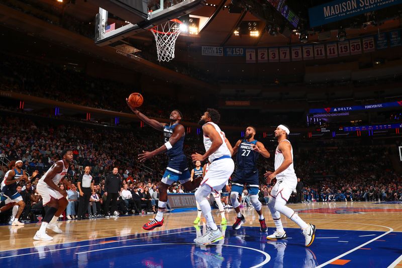 NEW YORK, NY - OCTOBER 13: Anthony Edwards #5 of the Minnesota Timberwolves shoots the ball during the game on October 13, 2024 at Madison Square Garden in New York City, New York.  NOTE TO USER: User expressly acknowledges and agrees that, by downloading and or using this photograph, User is consenting to the terms and conditions of the Getty Images License Agreement. Mandatory Copyright Notice: Copyright 2024 NBAE  (Photo by David L. Nemec/NBAE via Getty Images)