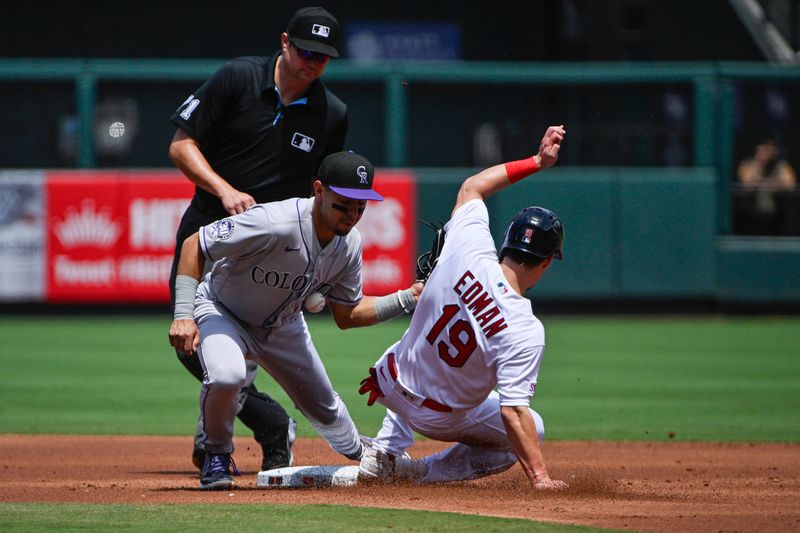 Aug 6, 2023; St. Louis, Missouri, USA;  St. Louis Cardinals shortstop Tommy Edman (19) steals second against Colorado Rockies second baseman Alan Trejo (13) during the first inning at Busch Stadium. Mandatory Credit: Jeff Curry-USA TODAY Sports